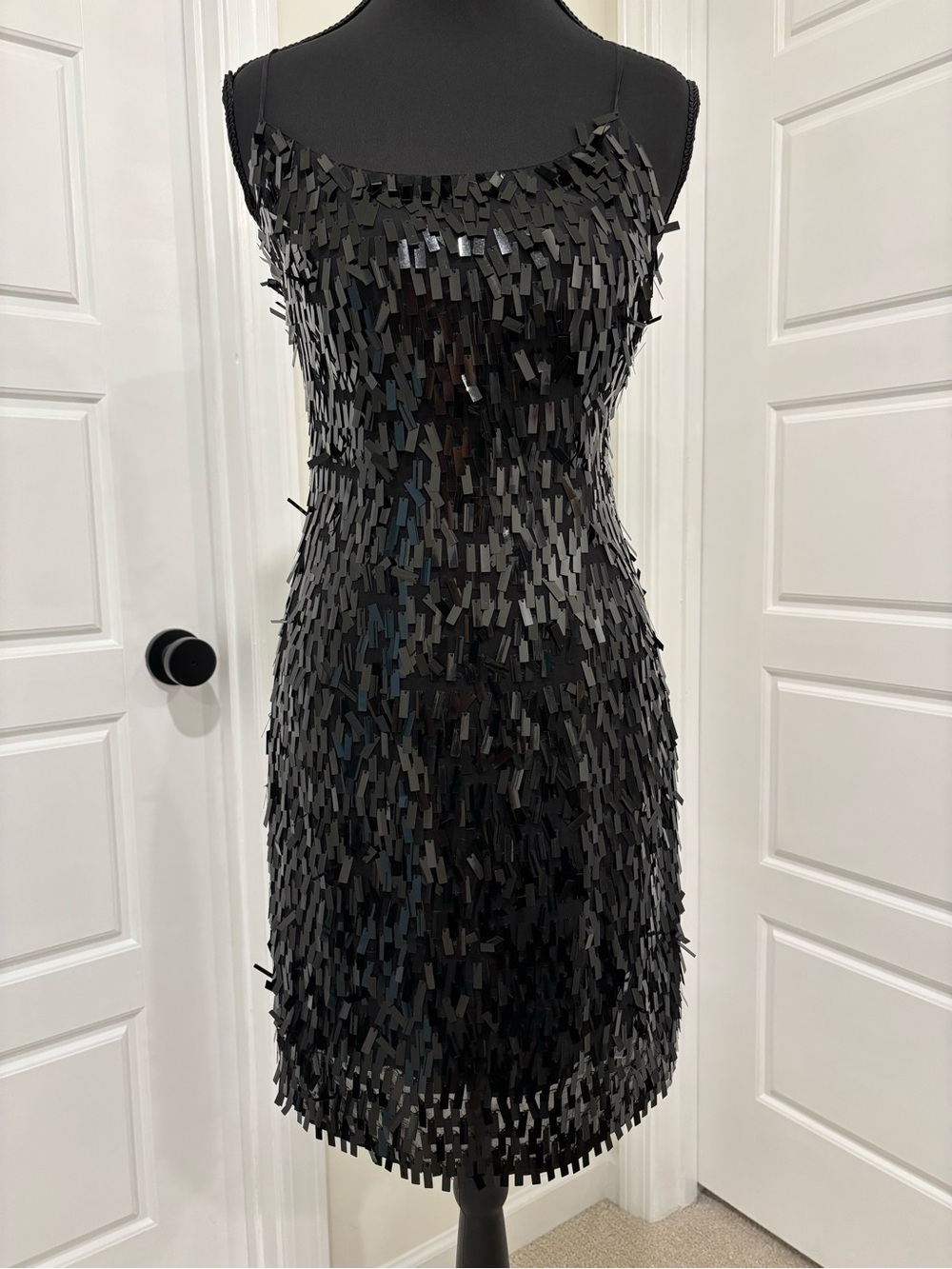 BCBGMAXAZRIA S Sequin Sheath Dress Scoop Neck Spaghetti Straps Backless Black